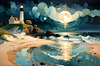 Romantic Landscape Art Print of a Moonlit Seashore and Lighthouse Reflection