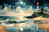 Romantic Landscape Art Print of a Moonlit Seashore and Lighthouse Reflection