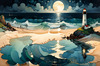 Romantic Landscape Art Print of a Moonlit Seashore and Lighthouse Reflection