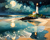 Romantic Landscape Art Print of a Moonlit Seashore and Lighthouse Reflection