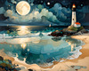Romantic Landscape Art Print of a Moonlit Seashore and Lighthouse Reflection