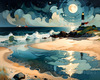 Romantic Landscape Art Print of a Moonlit Seashore and Lighthouse Reflection