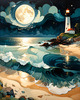 Romantic Landscape Art Print of a Moonlit Seashore and Lighthouse Reflection