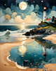 Romantic Landscape Art Print of a Moonlit Seashore and Lighthouse Reflection