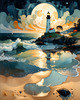 Romantic Landscape Art Print of a Moonlit Seashore and Lighthouse Reflection