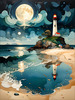 Romantic Landscape Art Print of a Moonlit Seashore and Lighthouse Reflection