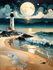 Romantic Landscape Art Print of a Moonlit Seashore and Lighthouse Reflection