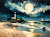 Romantic Landscape Art Print of a Moonlit Seashore and Lighthouse Reflection