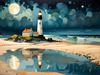 Romantic Landscape Art Print of a Moonlit Seashore and Lighthouse Reflection