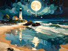 Romantic Landscape Art Print of a Moonlit Seashore and Lighthouse Reflection