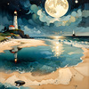Romantic Landscape Art Print of a Moonlit Seashore and Lighthouse Reflection