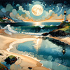 Romantic Landscape Art Print of a Moonlit Seashore and Lighthouse Reflection