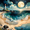 Romantic Landscape Art Print of a Moonlit Seashore and Lighthouse Reflection