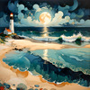 Romantic Landscape Art Print of a Moonlit Seashore and Lighthouse Reflection