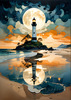 Romantic Landscape Art Print of a Moonlit Seashore and Lighthouse Reflection