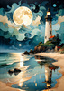 Romantic Landscape Art Print of a Moonlit Seashore and Lighthouse Reflection