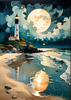 Romantic Landscape Art Print of a Moonlit Seashore and Lighthouse Reflection