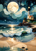 Romantic Landscape Art Print of a Moonlit Seashore and Lighthouse Reflection