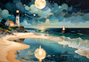 Romantic Landscape Art Print of a Moonlit Seashore and Lighthouse Reflection