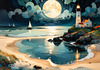 Romantic Landscape Art Print of a Moonlit Seashore and Lighthouse Reflection