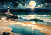 Romantic Landscape Art Print of a Moonlit Seashore and Lighthouse Reflection