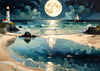 Romantic Landscape Art Print of a Moonlit Seashore and Lighthouse Reflection
