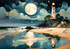 Romantic Landscape Art Print of a Moonlit Seashore and Lighthouse Reflection