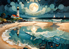 Romantic Landscape Art Print of a Moonlit Seashore and Lighthouse Reflection