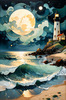 Romantic Landscape Art Print of a Moonlit Seashore and Lighthouse Reflection