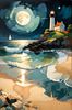Romantic Landscape Art Print of a Moonlit Seashore and Lighthouse Reflection