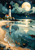 Romantic Landscape Art Print of a Moonlit Seashore and Lighthouse Reflection