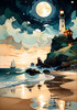Romantic Landscape Art Print of a Moonlit Seashore and Lighthouse Reflection