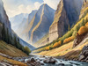 Printable Art of Realistic Mountain Gorges and Peaks Landscape