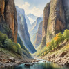 Printable Art of Realistic Mountain Gorges and Peaks Landscape