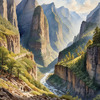 Printable Art of Realistic Mountain Gorges and Peaks Landscape