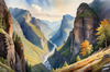 Printable Art of Realistic Mountain Gorges and Peaks Landscape