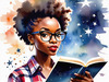 Printable Art of a Nerd Girl with Glasses Holding a Novel and Telescope, Library or Star Chart Background