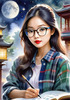 Printable Art of a Nerd Girl with Glasses Holding a Novel and Telescope, Library or Star Chart Background