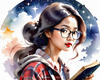 Printable Art of a Nerd Girl with Glasses Holding a Novel and Telescope, Library or Star Chart Background