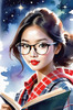 Printable Art of a Nerd Girl with Glasses Holding a Novel and Telescope, Library or Star Chart Background