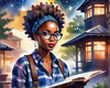 Printable Art of a Nerd Girl with Glasses Holding a Novel and Telescope, Library or Star Chart Background