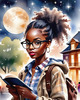 Printable Art of a Nerd Girl with Glasses Holding a Novel and Telescope, Library or Star Chart Background