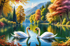 Realistic Landscape Art of Italian Village with Swans on Lake