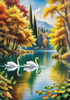 Realistic Landscape Art of Italian Village with Swans on Lake
