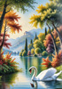 Realistic Landscape Art of Italian Village with Swans on Lake