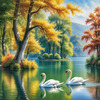 Realistic Landscape Art of Italian Village with Swans on Lake