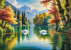 Realistic Landscape Art of Italian Village with Swans on Lake