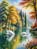 Realistic Landscape Art of Italian Village with Swans on Lake