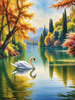 Realistic Landscape Art of Italian Village with Swans on Lake