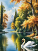Realistic Landscape Art of Italian Village with Swans on Lake
